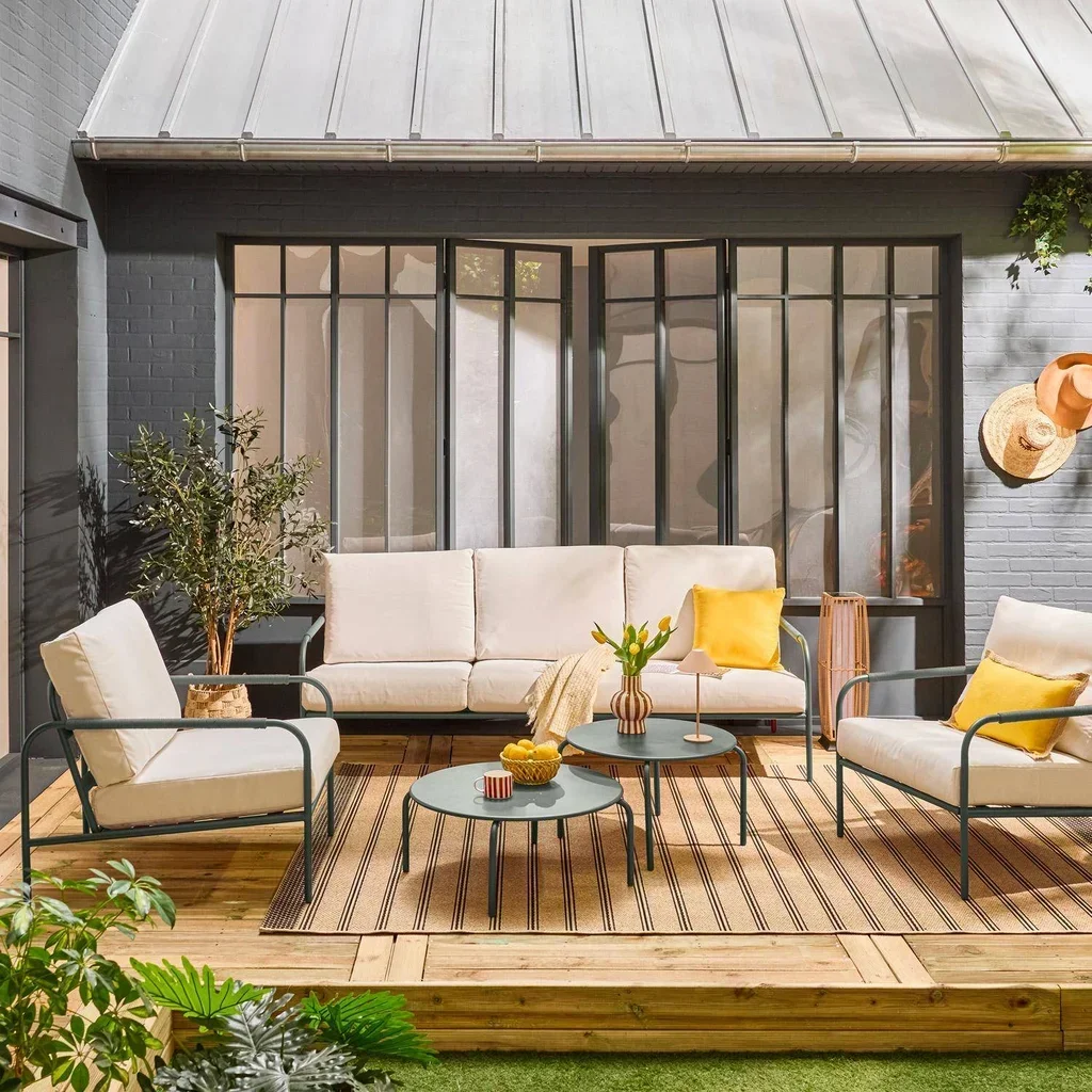 Salon de jardin Luanda 5 places acier kaki blanc design moderne