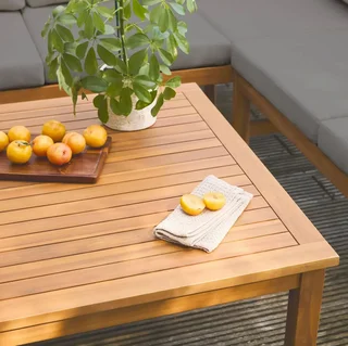 Salon de jardin d'angle 5 places bois acacia avec coussins beige