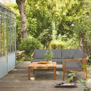 Salon de jardin d'angle 5 places bois acacia avec coussins beige