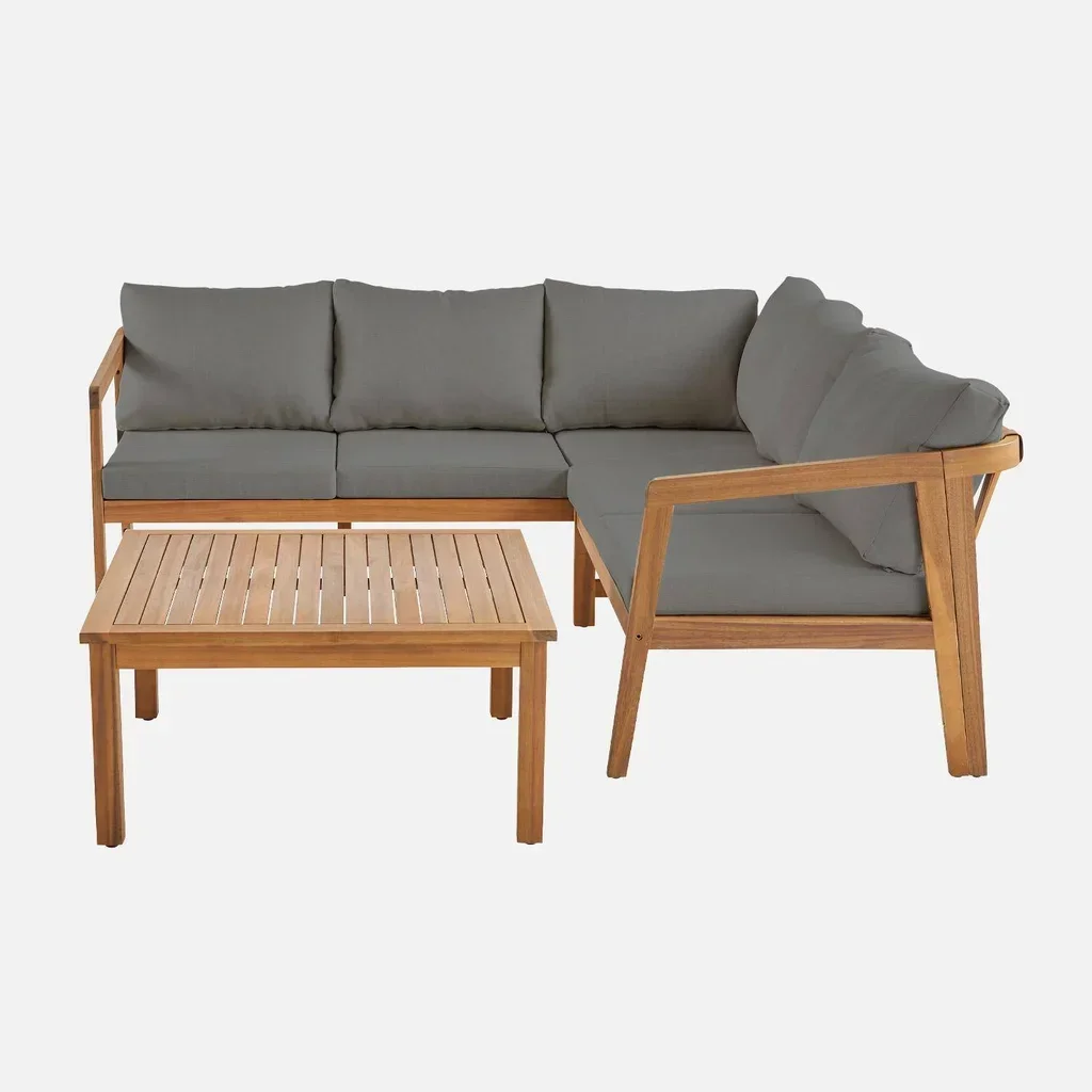 Salon de jardin d'angle 5 places bois acacia avec coussins beige