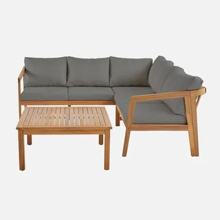 Salon de jardin d'angle 5 places bois acacia avec coussins beige