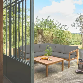 Salon de jardin d'angle 5 places bois acacia avec coussins beige