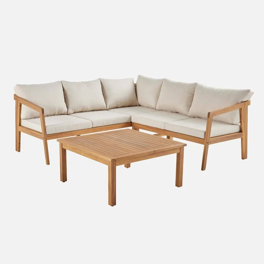 Salon d'angle 5 places bois d'acacia avec coussins beiges Loberia Corner