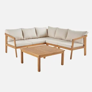 Salon d'angle 5 places bois d'acacia avec coussins beiges Loberia Corner