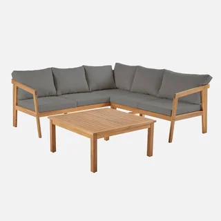 Salon de jardin d'angle 5 places bois acacia avec coussins beige