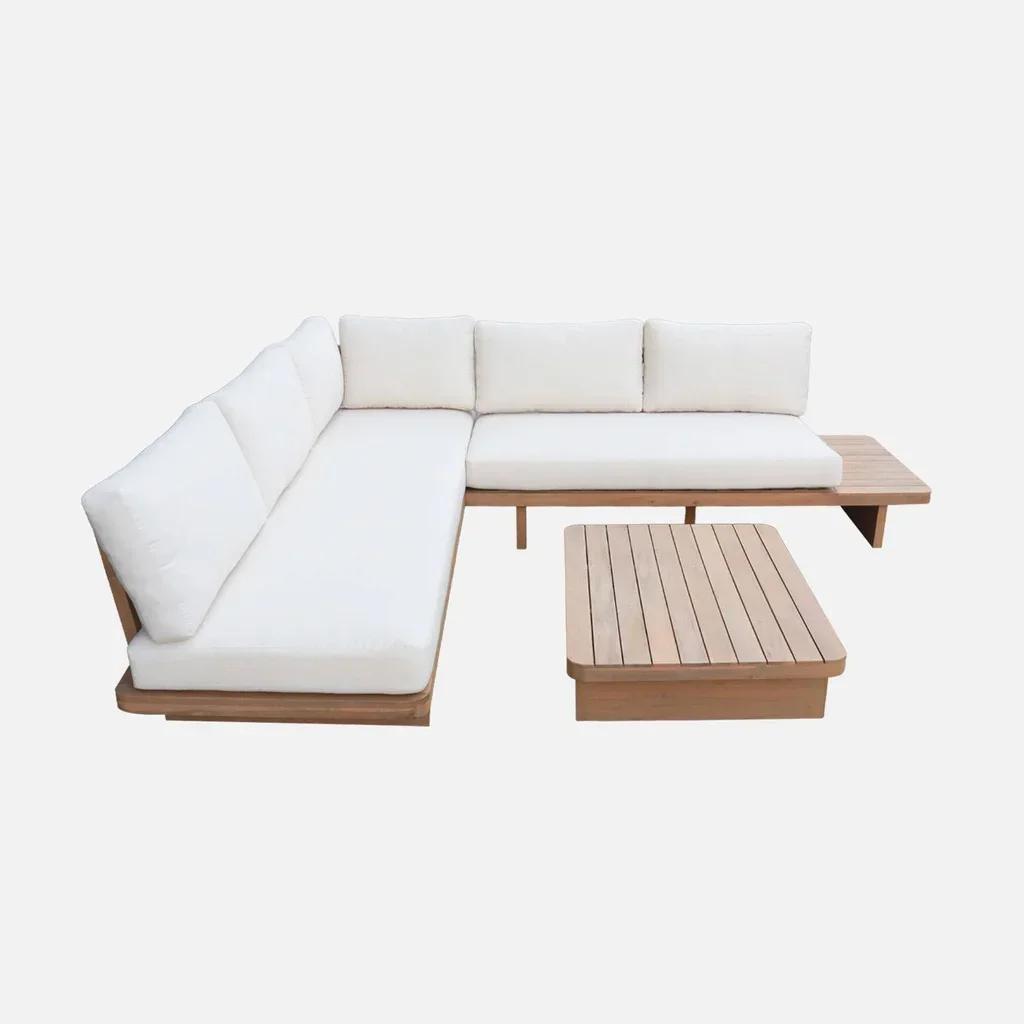 Salon de jardin d'angle 5 places bois acacia Zenzu avec table rectangulaire et coussins déhoussables
