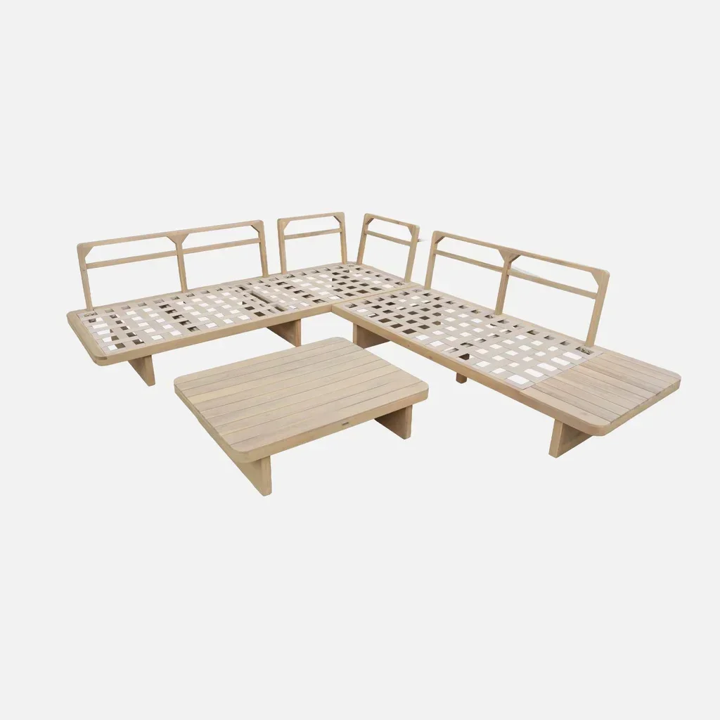 Salon de jardin d'angle 5 places bois acacia Zenzu avec table rectangulaire et coussins déhoussables