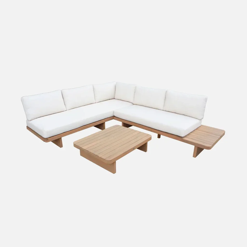 Salon de jardin d'angle 5 places bois acacia Zenzu avec table rectangulaire et coussins déhoussables