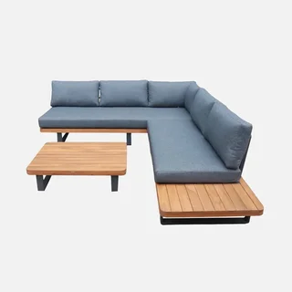 Salon de jardin angle 5 places bois acacia aluminium terrasse