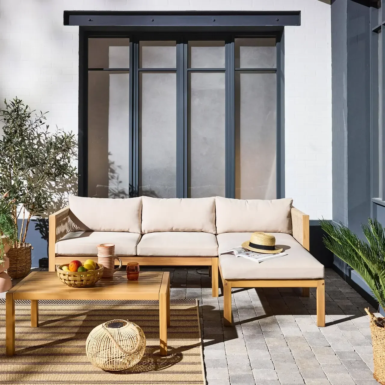 Conjunto de jardim de canto em madeira de acácia 3 lugares Medina com almofadas com capa removível