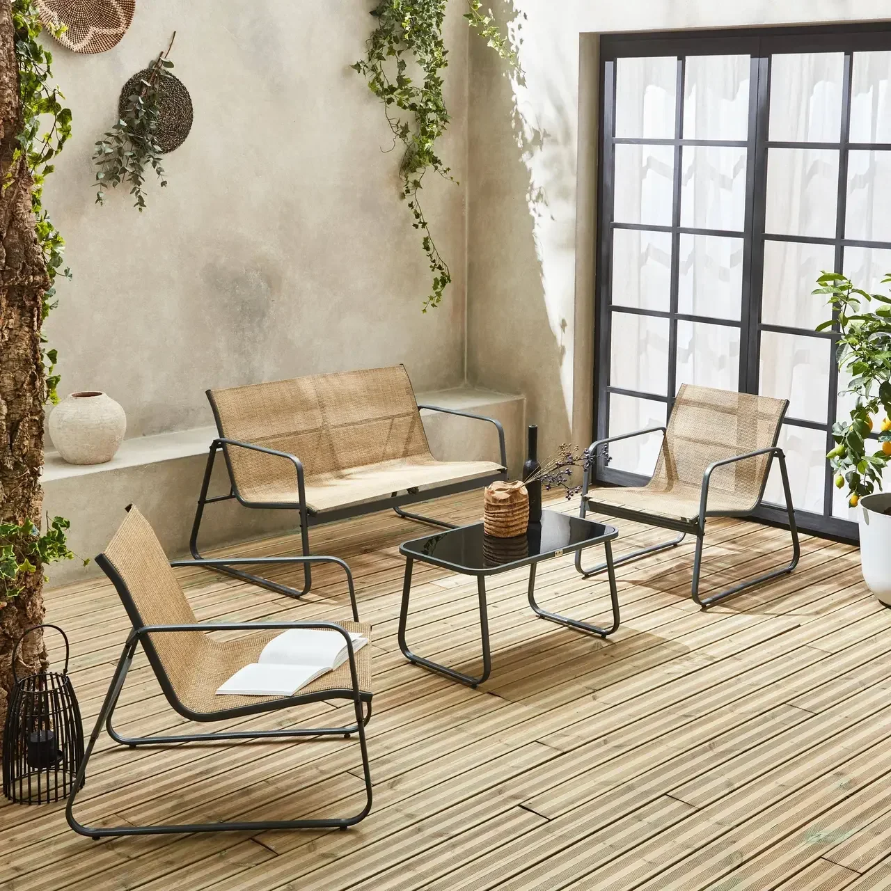 Set giardino Silvi 4 posti, metallo antracite e textilene nero