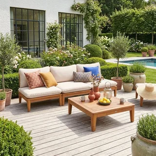 Modulare 3-Sitzer Gartenlounge Akazienholz Yona mit Kissen