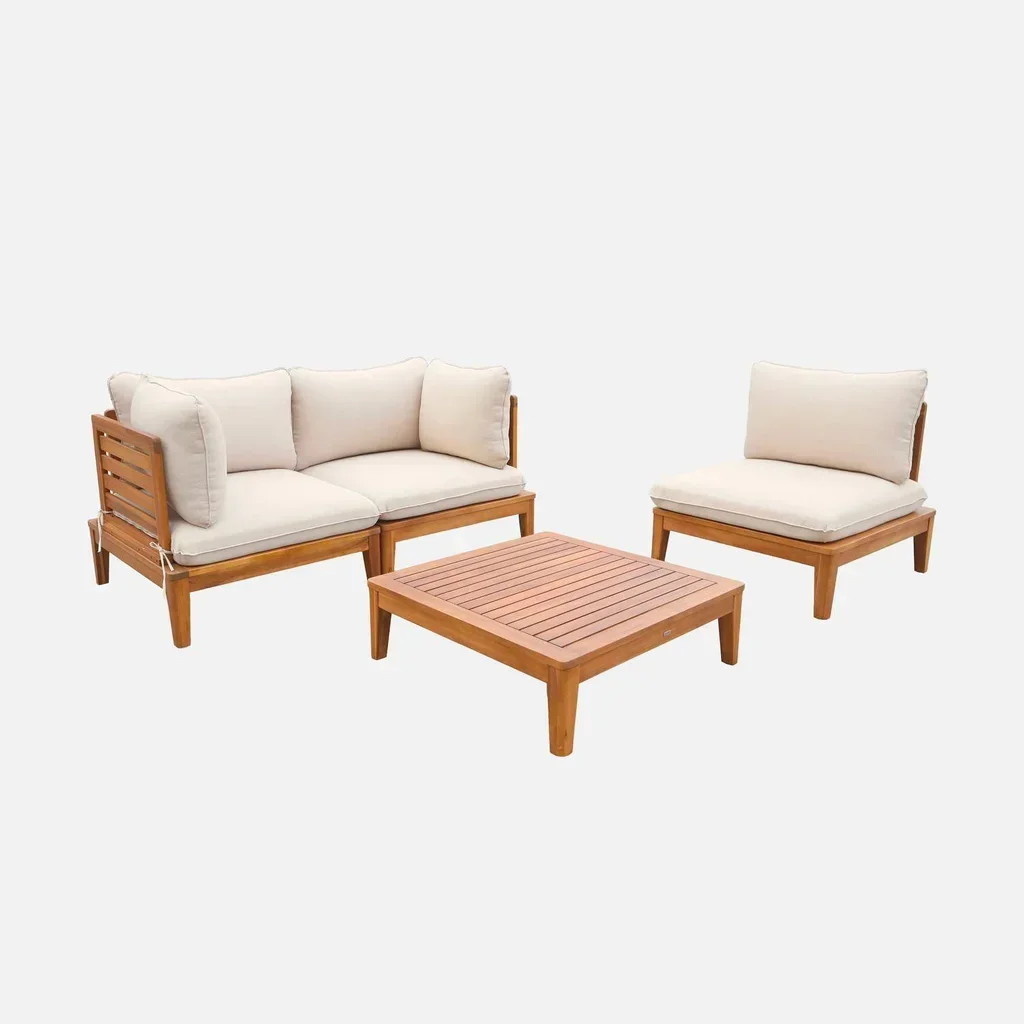 Conjunto de lounge exterior modular 3 lugares madeira de acácia com almofadas confortáveis