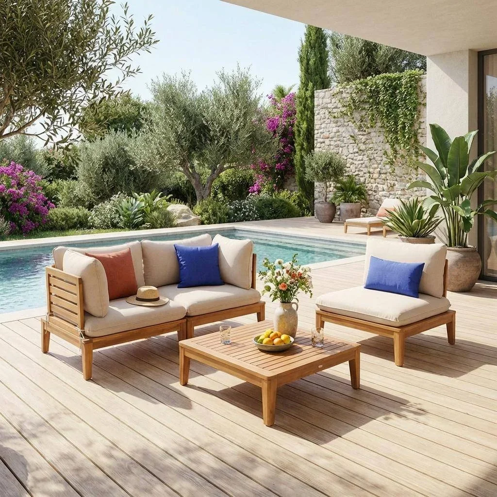 Conjunto de lounge exterior modular 3 lugares madeira de acácia com almofadas confortáveis