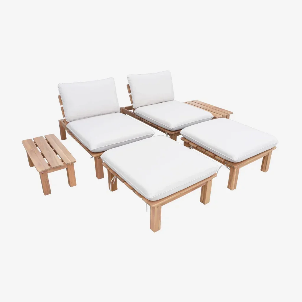 Salon de jardin 2 places bois acacia modulable avec coussins et tables