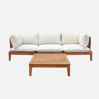 Salon de jardin modulable 3 places acacia beige bouclette avec accoudoirs