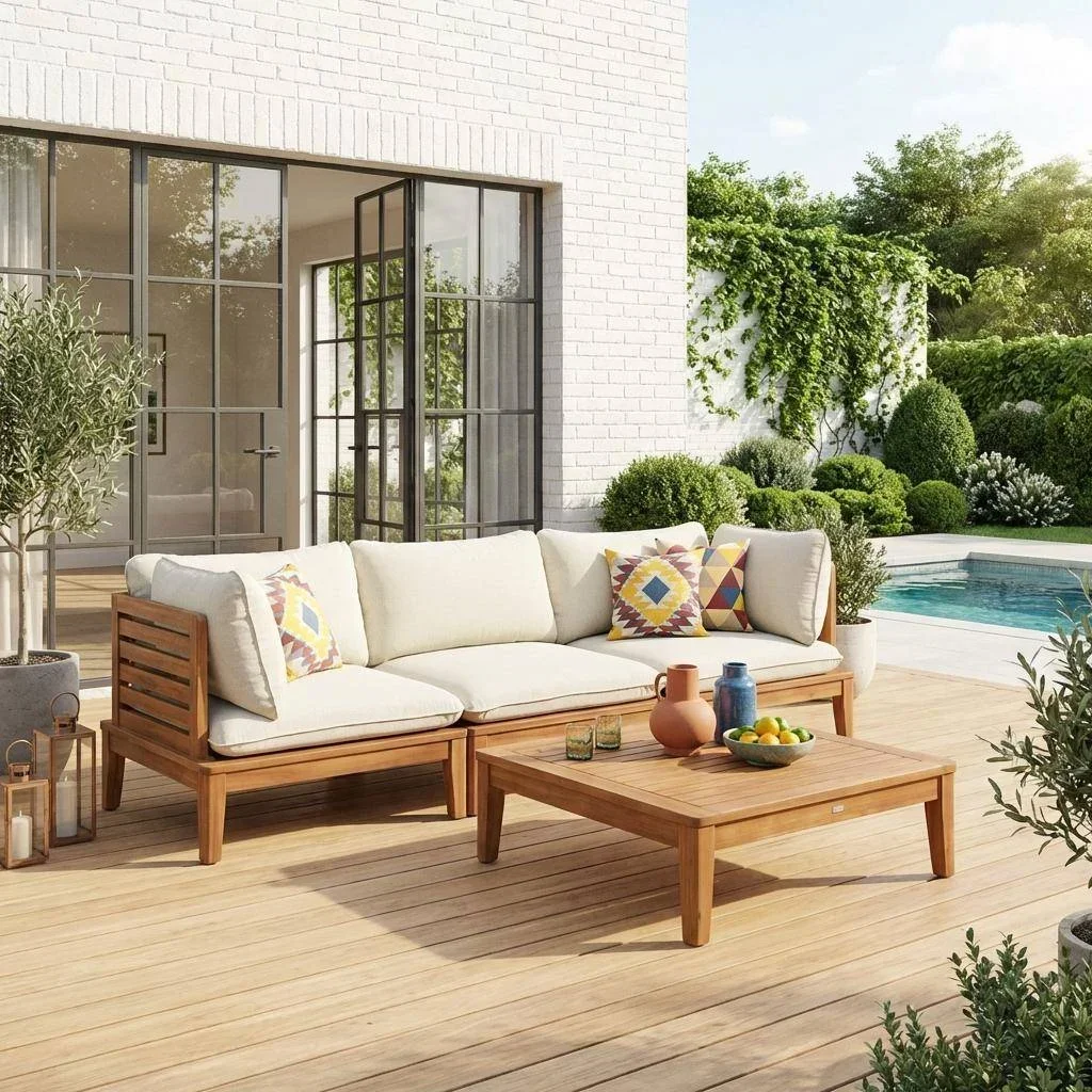 Salon de jardin modulable 3 places acacia beige bouclette avec accoudoirs