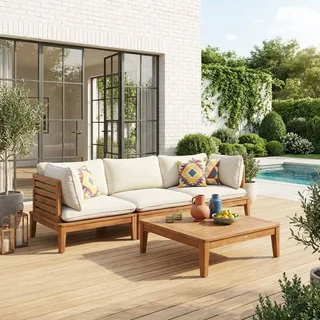 Salon de jardin modulable 3 places acacia beige bouclette avec accoudoirs