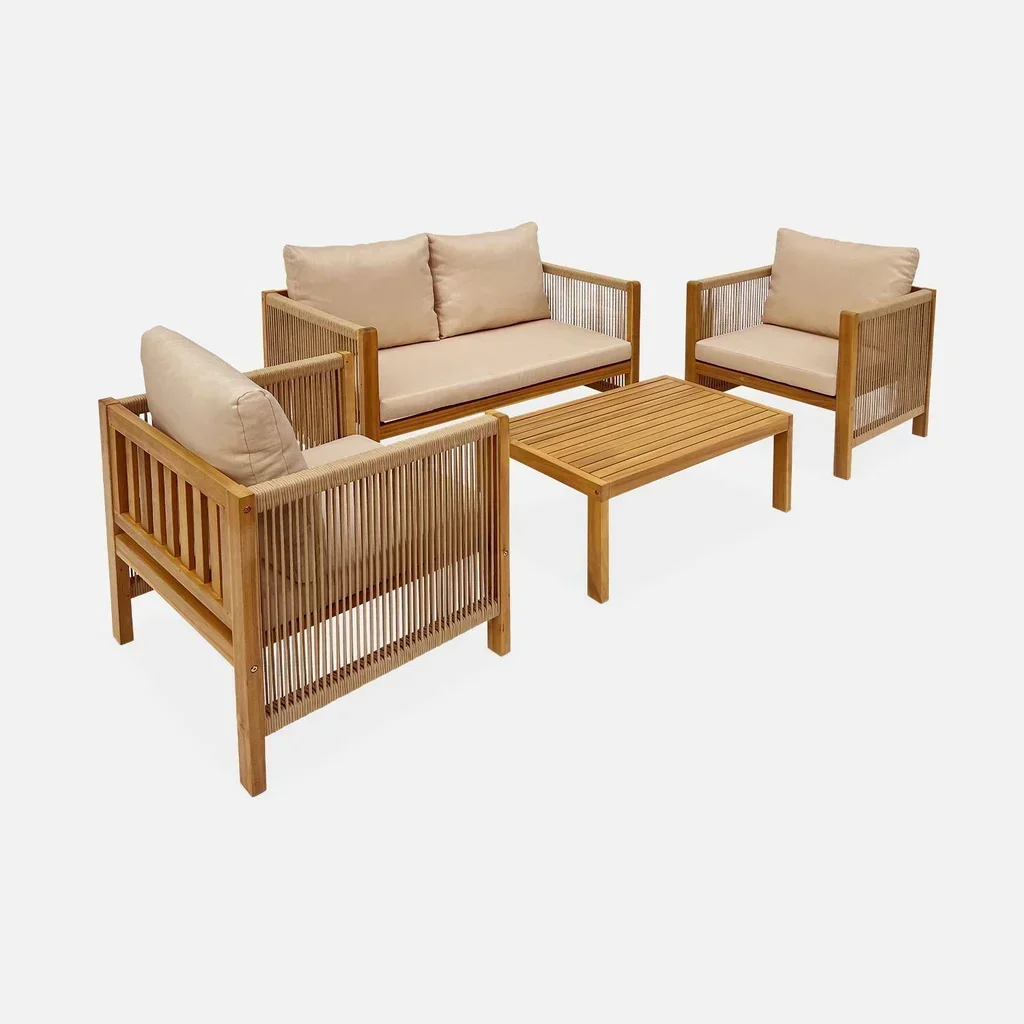 Salon de jardin 4 places bois acacia et corde Alcira