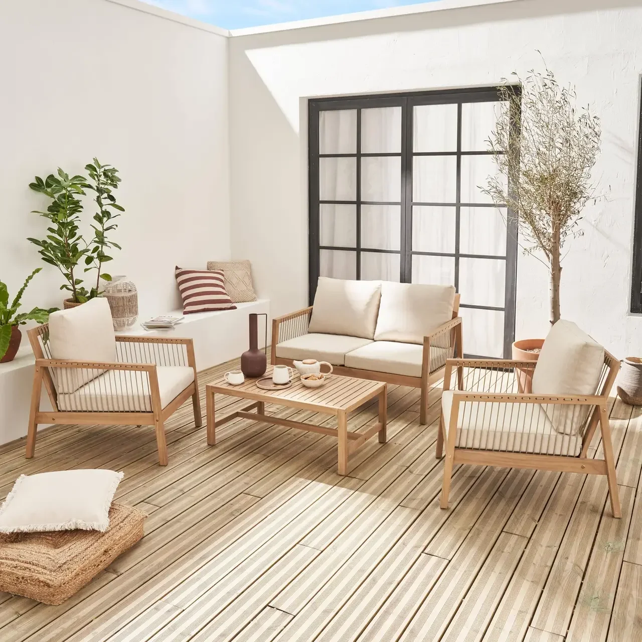 Salon jardin 4 places bois acacia corde Aliste