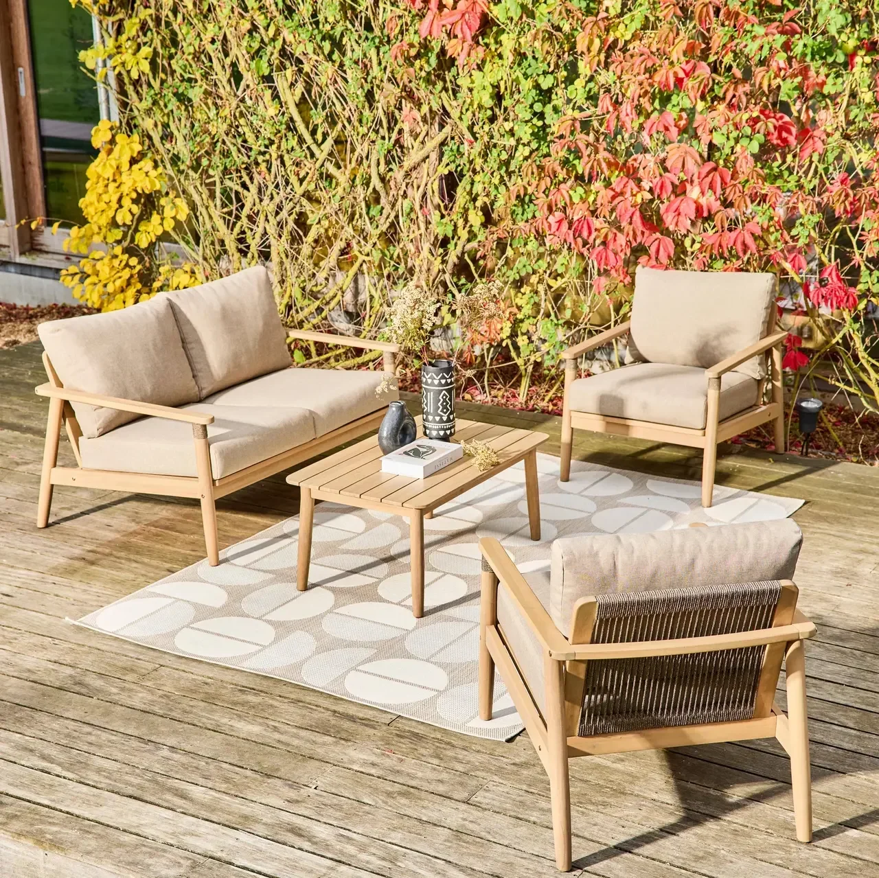 Salon de jardin 4 places bois acacia corde Lazuli avec table basse