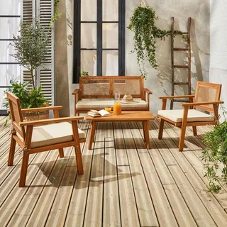 Salon de jardin 4 places bois acacia cannage Bohémia avec coussins beige