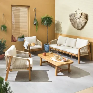 Set giardino 5 posti legno acacia corda intrecciata moderno arredo esterno