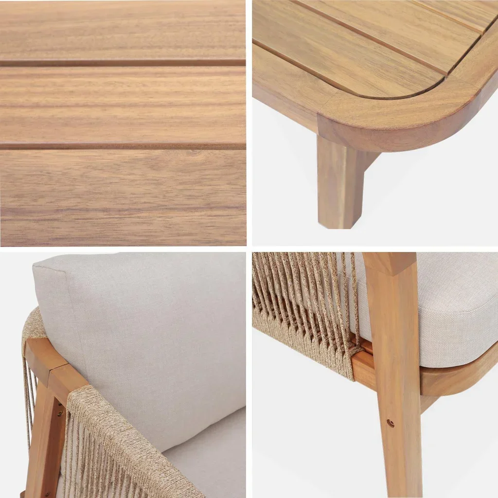 Set giardino 5 posti legno acacia corda intrecciata moderno arredo esterno