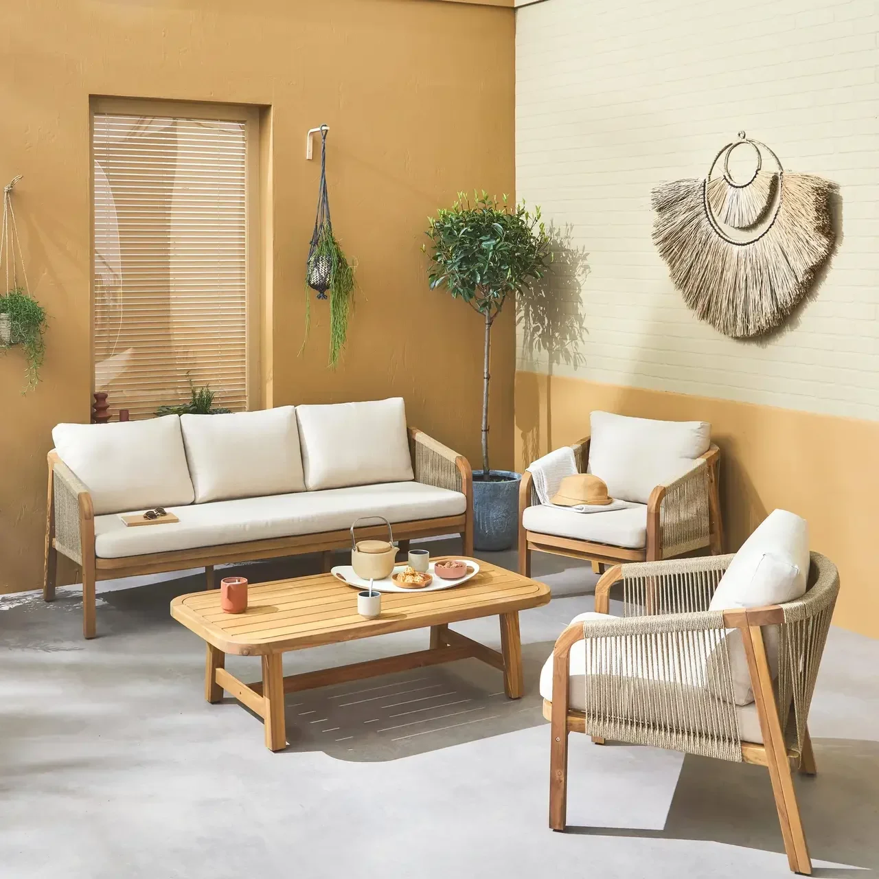 Conjunto jardim 5 lugares madeira acácia corda trançada moderno móveis exterior