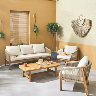 Set giardino 5 posti legno acacia corda intrecciata moderno arredo esterno