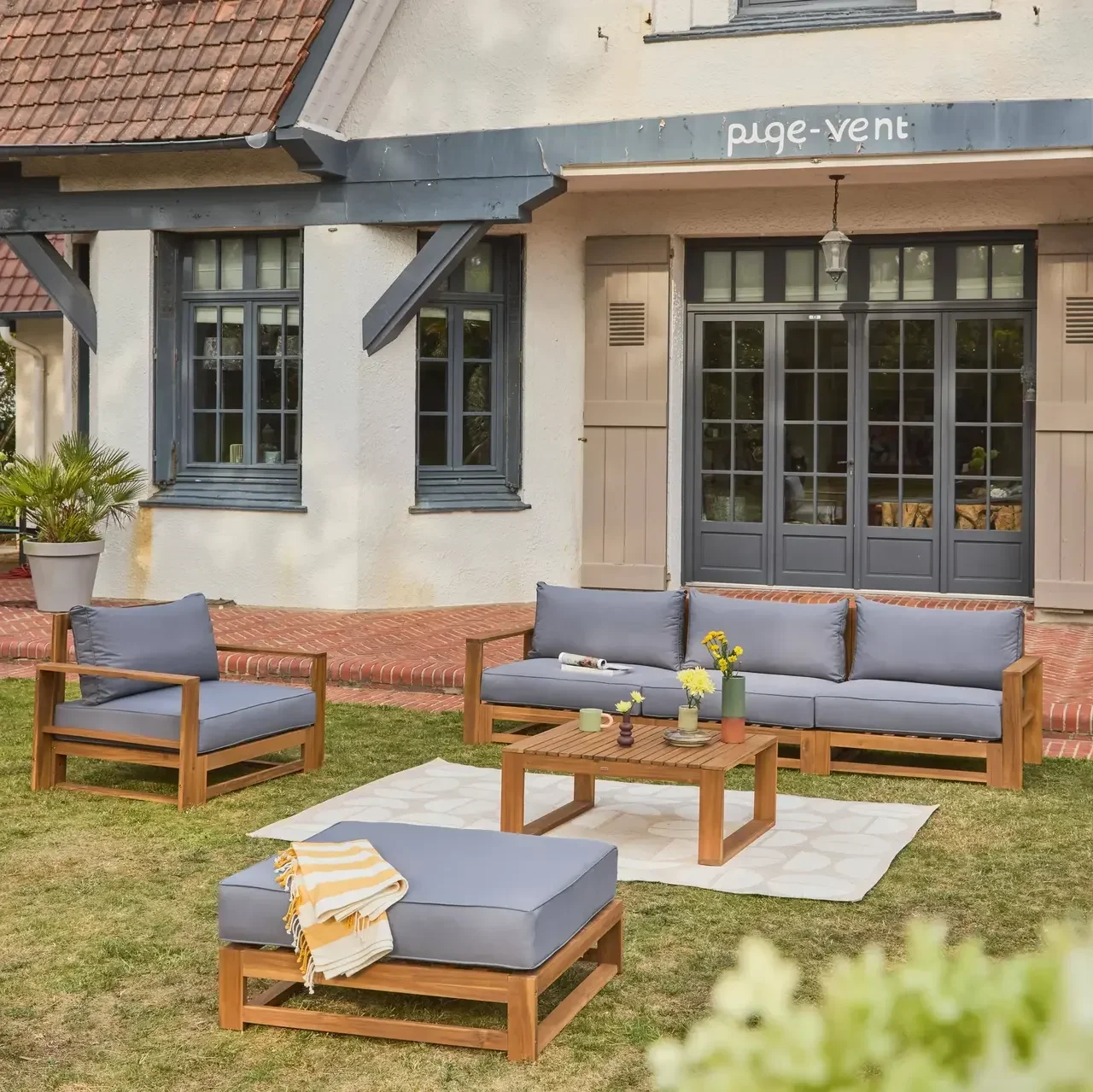 Conjunto jardín 5 plazas madera acacia FSC con cojines 14 cm muebles exterior