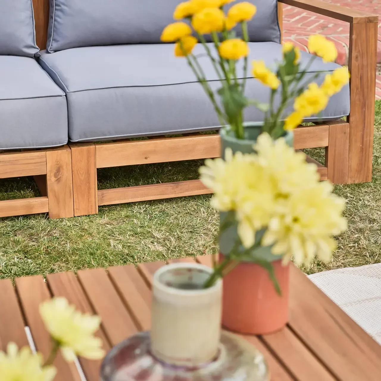 Conjunto jardín 5 plazas madera acacia FSC con cojines 14 cm muebles exterior