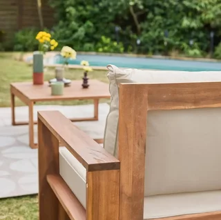 Conjunto jardín 5 plazas madera acacia FSC Mendoza cojines 14 cm