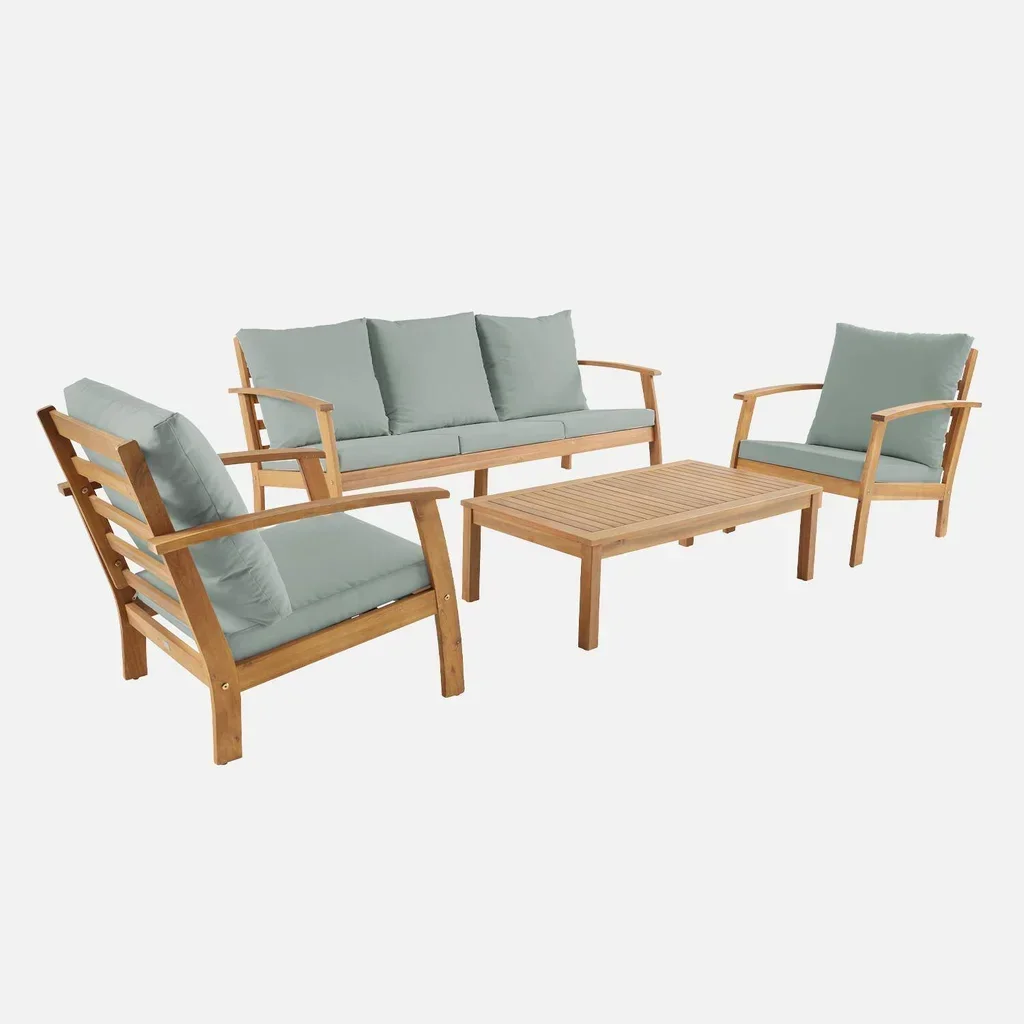Set giardino 5 posti legno acacia FSC con tavolo, divano e poltrone