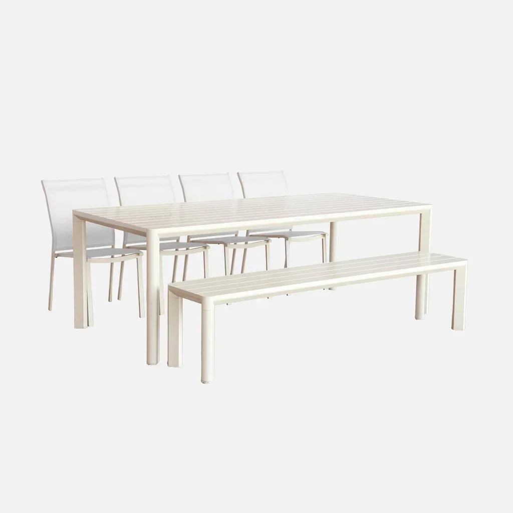 Salon de jardin aluminium 4 places table chaises banc moderne