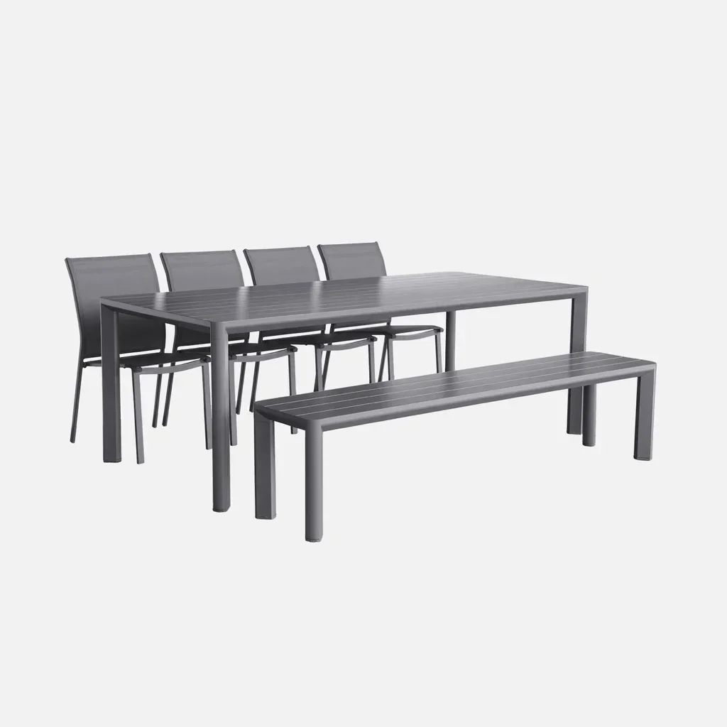 Salon de jardin aluminium 4 places table chaises banc moderne extérieur