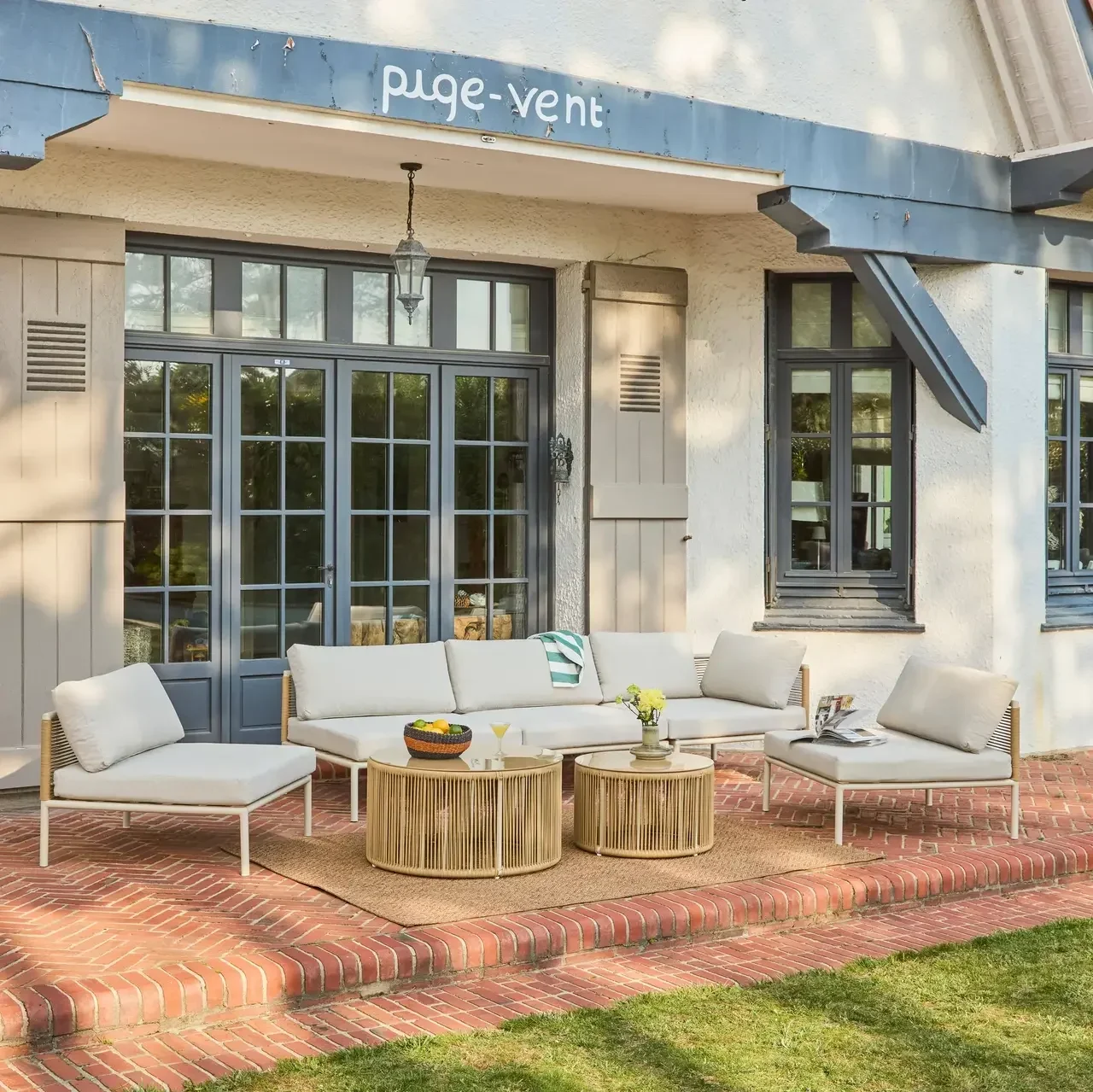 Salon de jardin aluminium 5 places modulable Orial avec cordes et tables rondes verre
