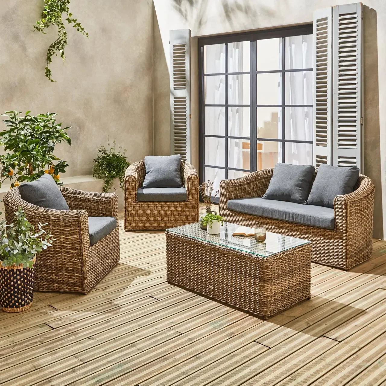 Conjunto Jardim Redondo 4 Lugares Vime Sintético Cinza com Almofadas Espessas Exterior