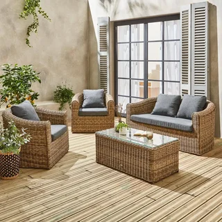 Salon de jardin circulaire 4 places résine tressée gris avec coussins épais