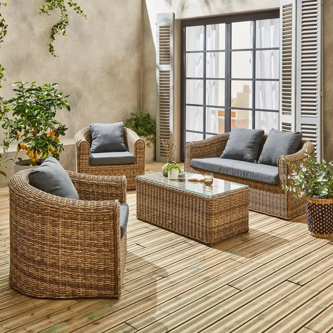Conjunto Jardim Redondo 4 Lugares Vime Sintético Cinza com Almofadas Espessas Exterior