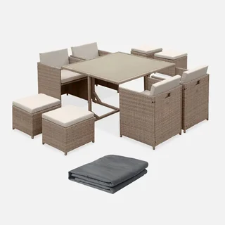 Set giardino 8 posti rattan sintetico impilabile con copertura protettiva Vabo