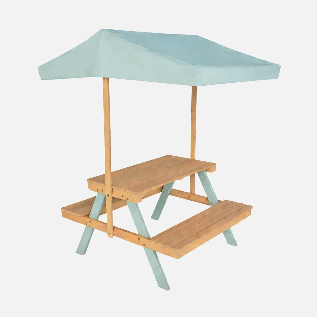 Salon de jardin enfant bois acacia 2 places avec parasol et table pique-nique