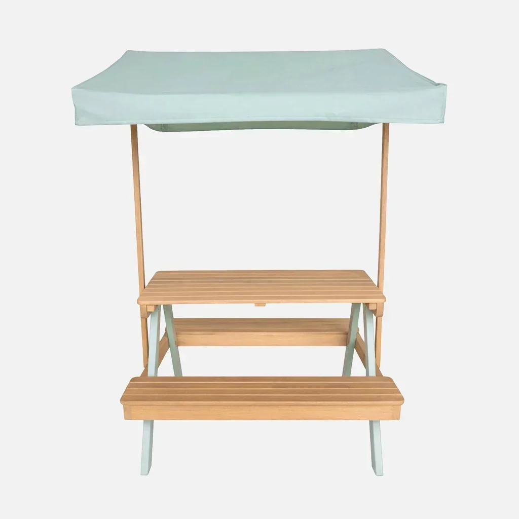Salon de jardin enfant bois acacia 2 places avec parasol et table pique-nique