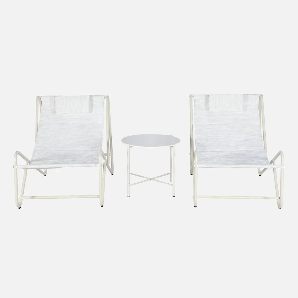 Salon jardin 2 fauteuils relax textilène beige table acier ronde
