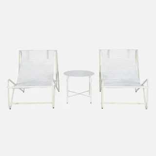 Salon jardin 2 fauteuils relax textilène beige table acier ronde