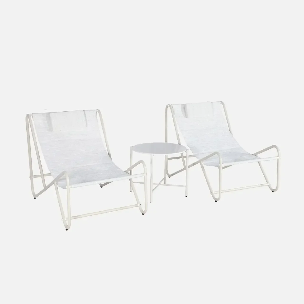 Salon jardin 2 fauteuils relax textilène beige table acier ronde