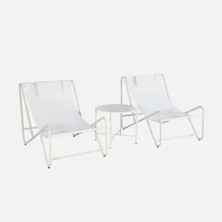 Salon jardin 2 fauteuils relax textilène beige table acier ronde