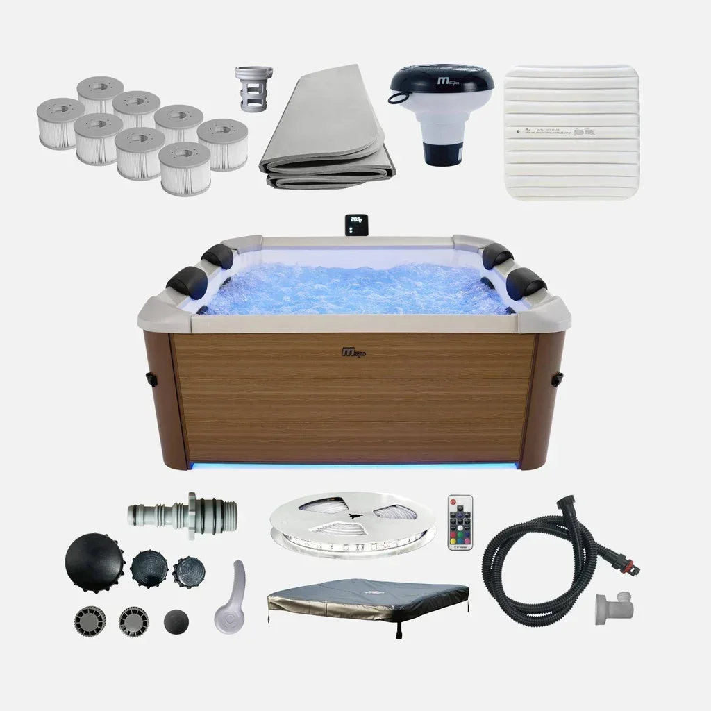 Spa carré 160 cm 6 places balnéothérapie avec appuie-têtes et couverture isolante