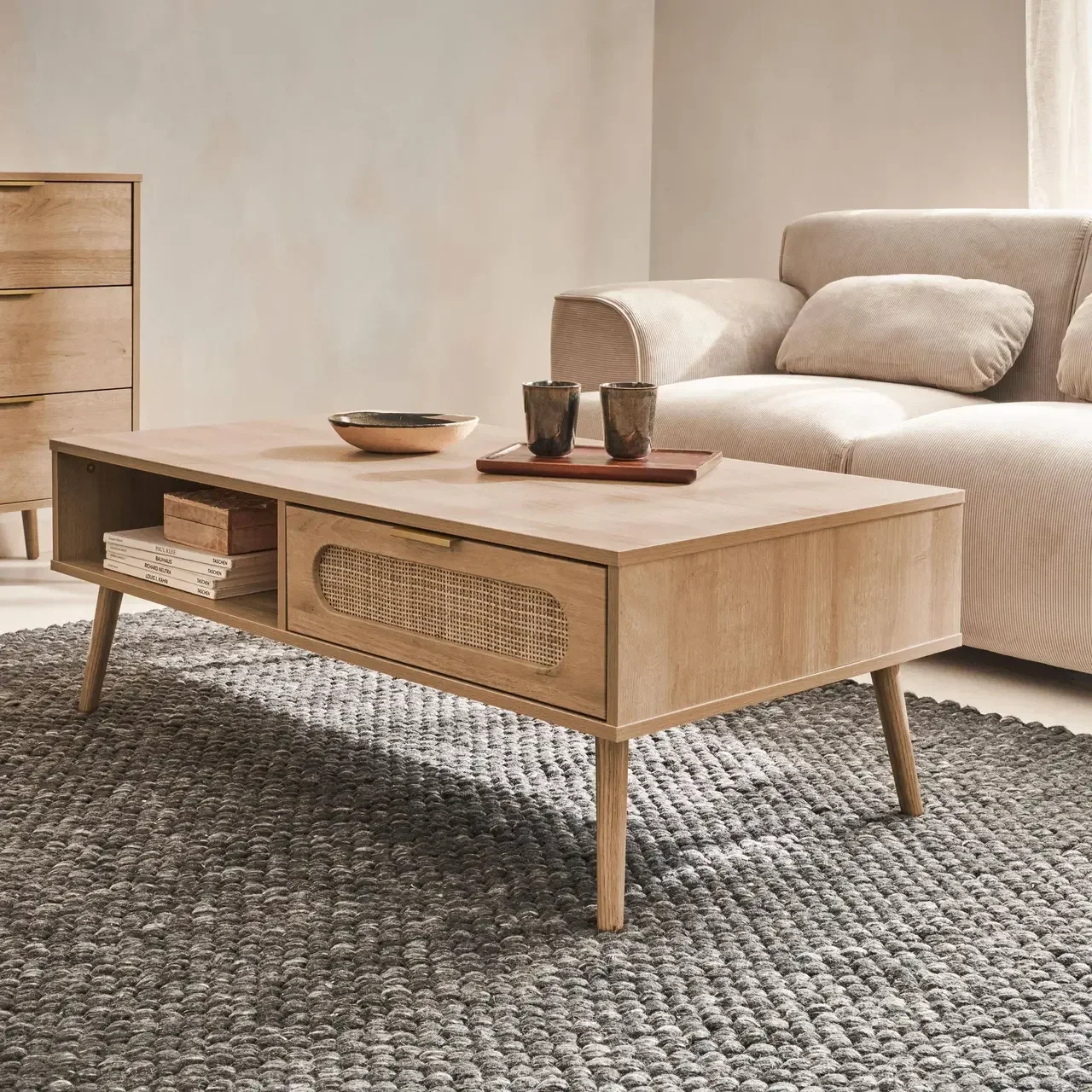 Table basse Eva bois cannage arrondi tiroir rangement scandinave