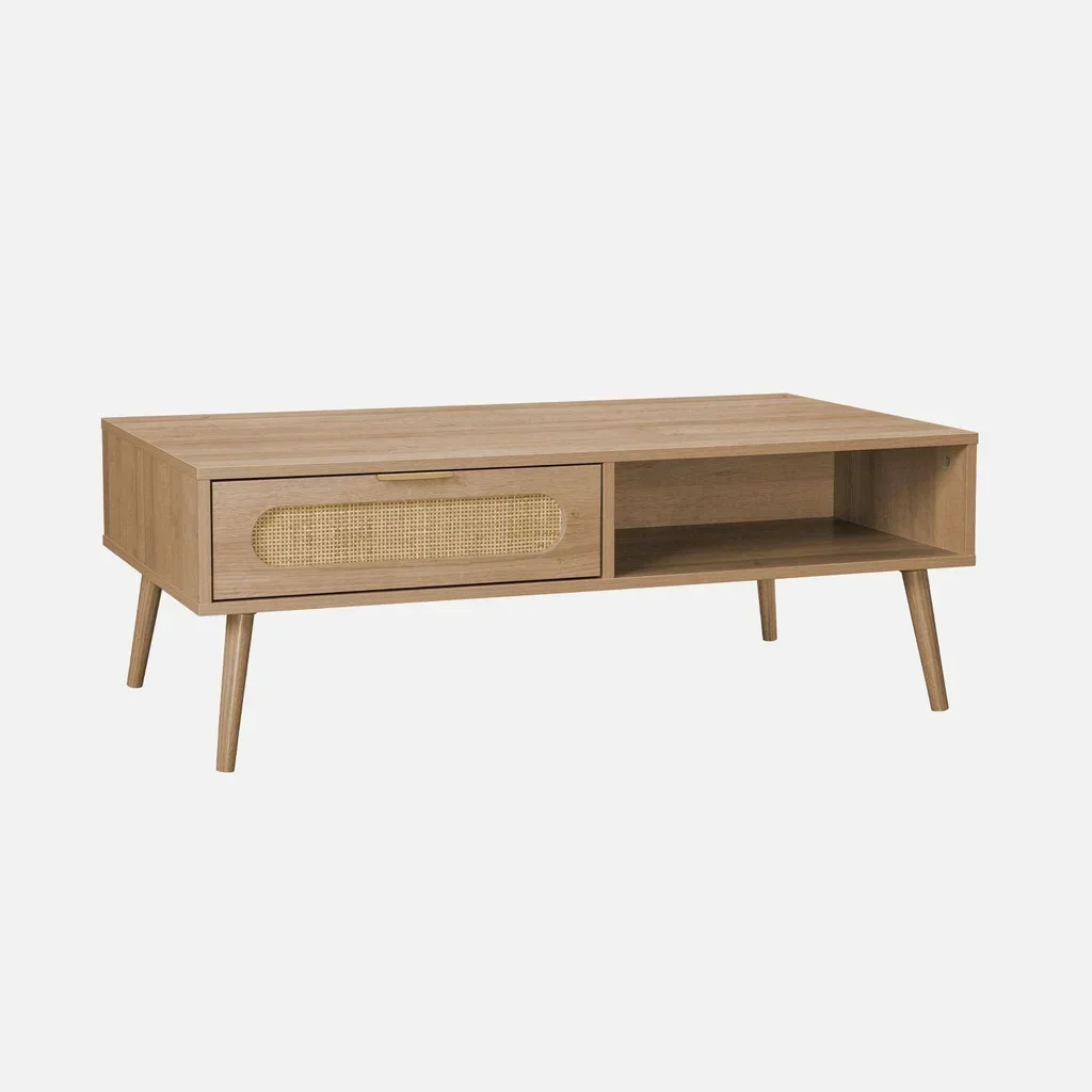 Table basse Eva bois cannage arrondi tiroir rangement scandinave